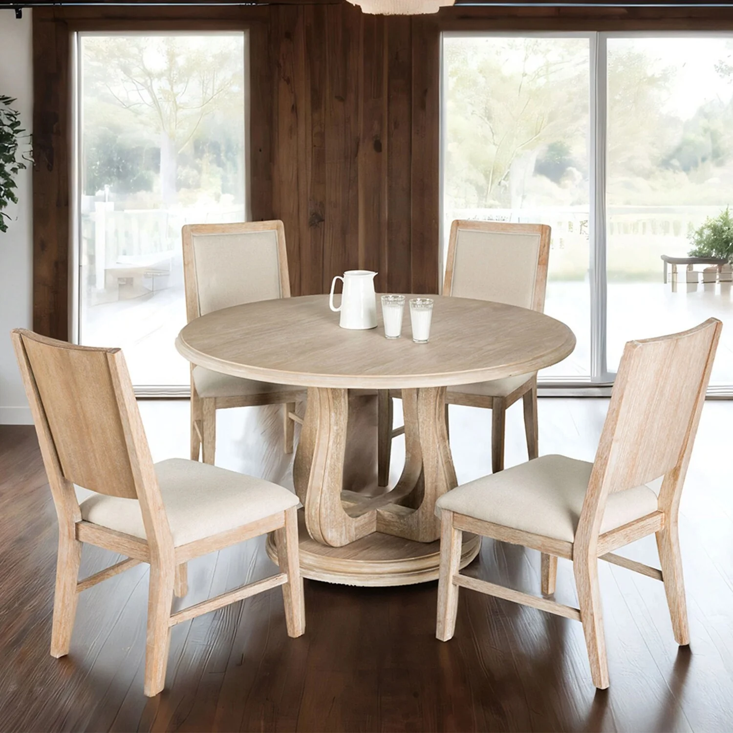 5 Piece Wood and Fabric Dining Set with Round Tabletop in Distressed Natural