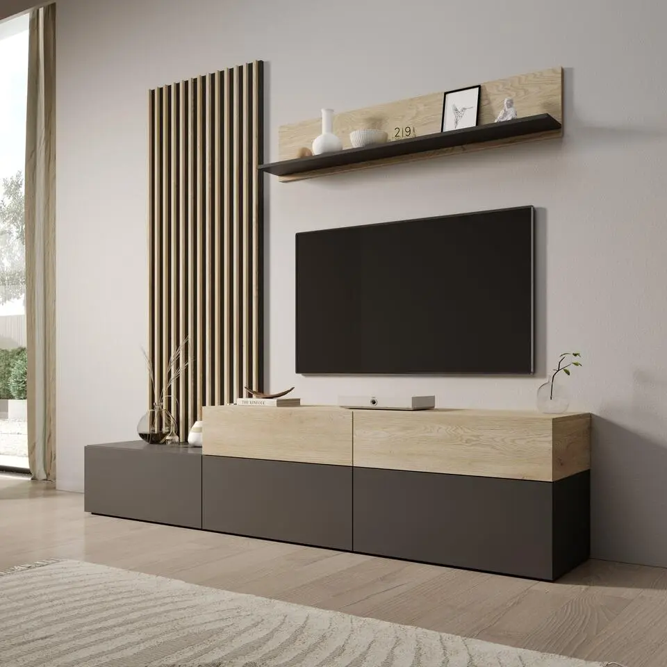 Meubella - Nobu - Wandmeubel - Grijs/Eikenpatroon - 225x40x209 cm