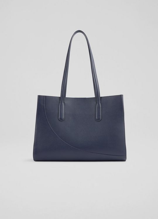 Olivia Navy Grained Leather Oloid Tote Bag