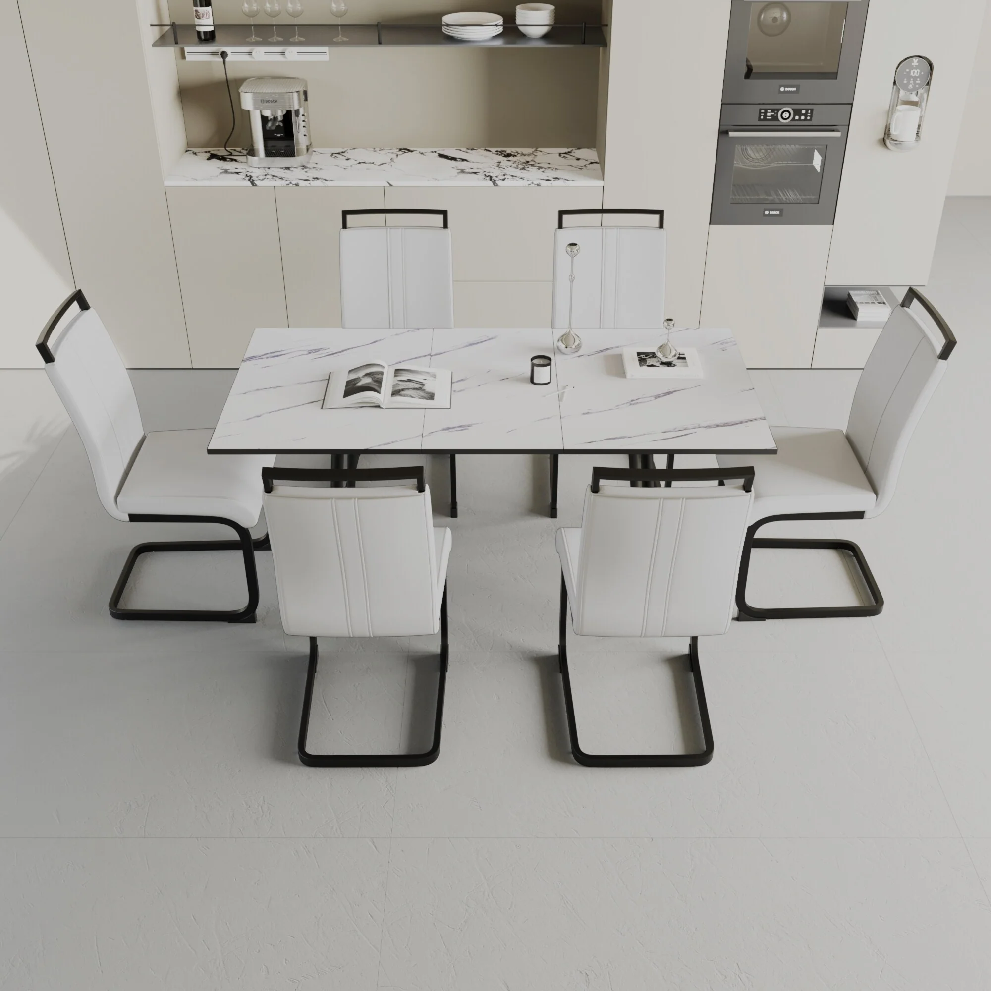 7-Piece Expandable Dining Table Set with C-shaped Tubular Cushioned Armless Chair, Scratch Resistant Plastic Feet