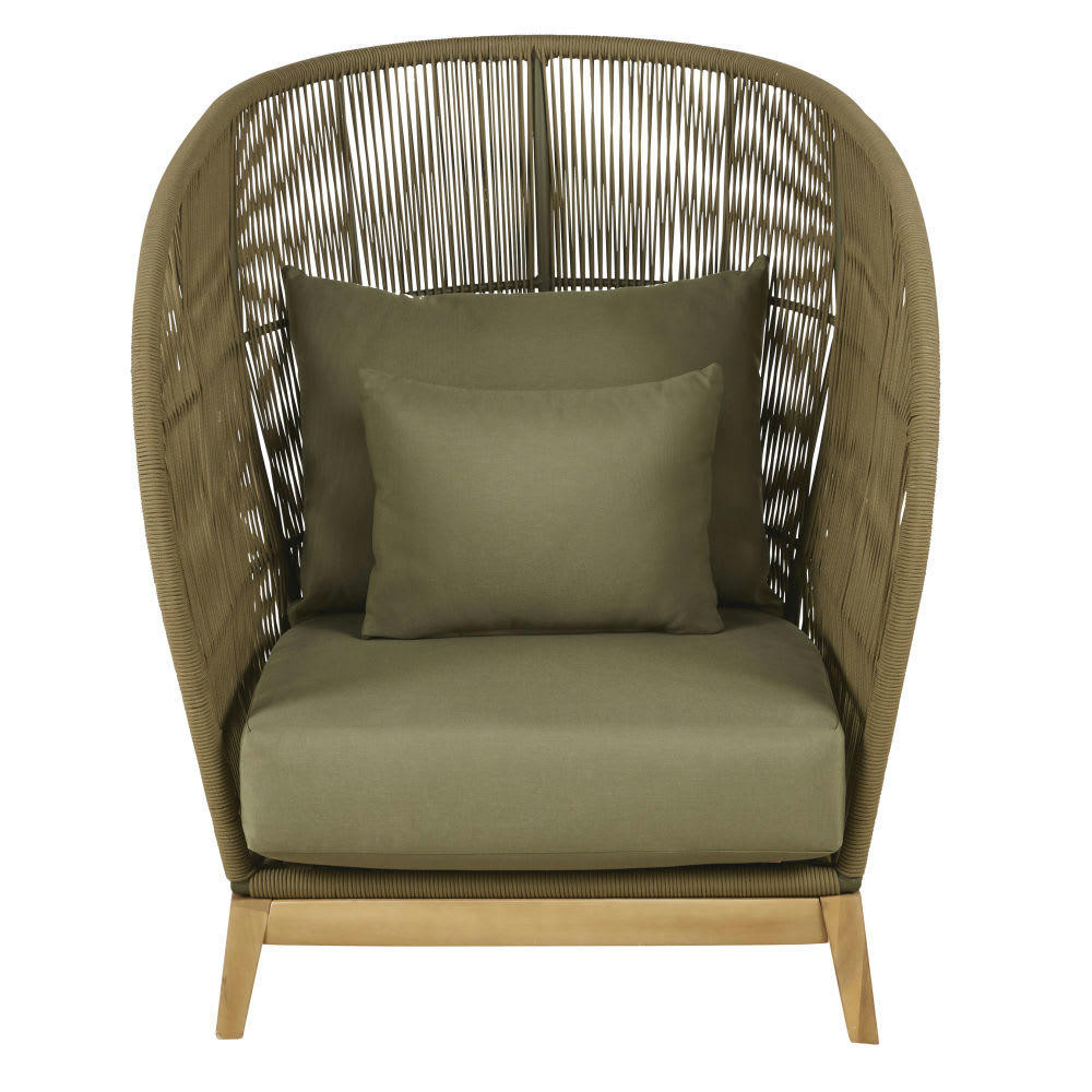 Kotao - Fauteuil de jardin en corde tressée vert kaki avec dossier haut