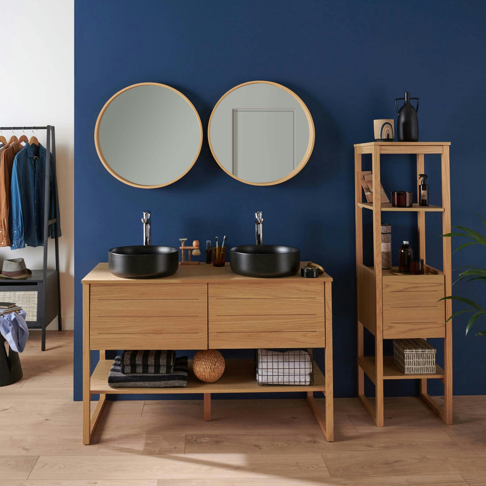 ATOLL - Penderie suspendue bois L100cm noir avec corde et poulie LANO