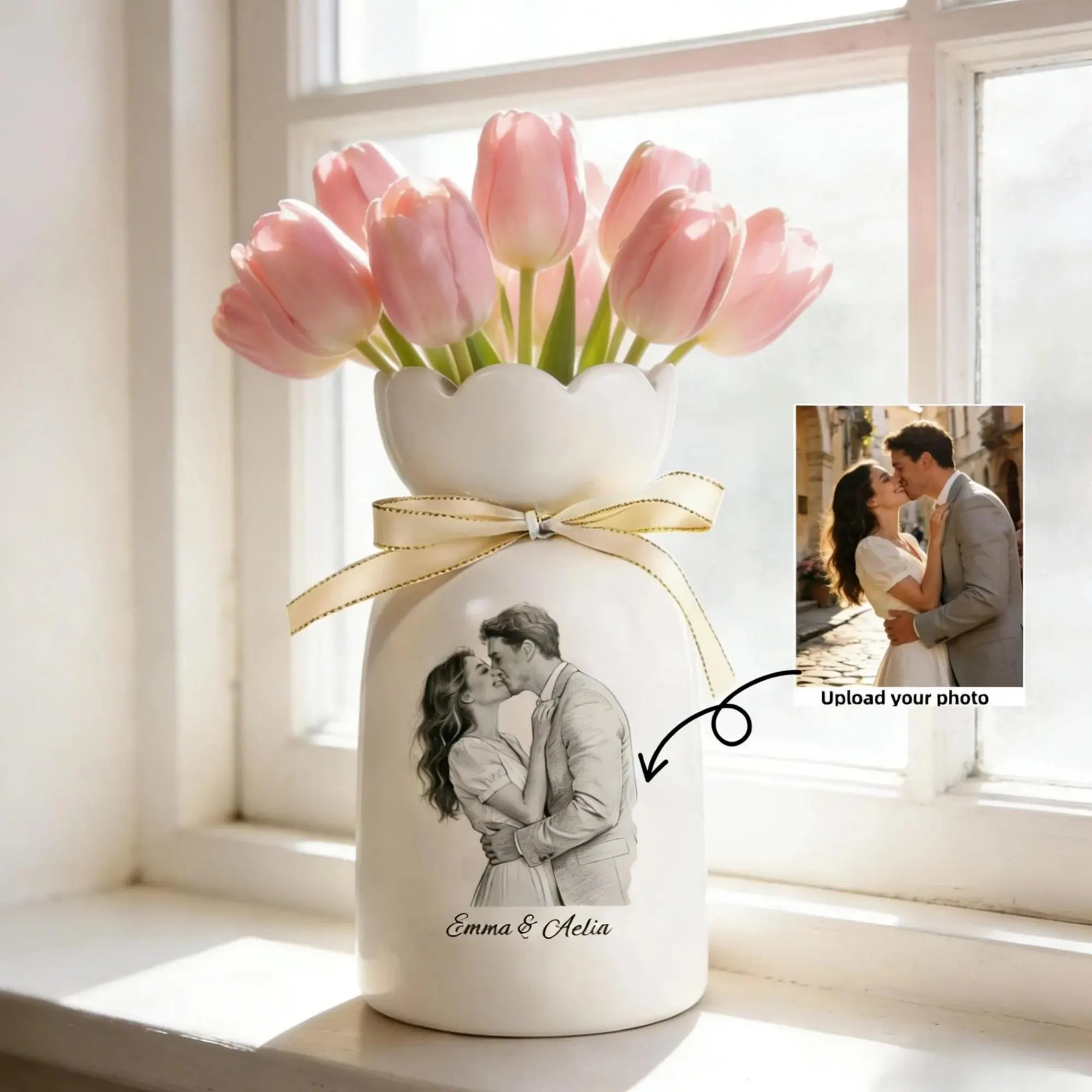 Custom Line Portrait Flower Vase, Personalized Ceramic Flower Vase with Couple Photo Drawing, Wedding Anniversary Gift for Her, Gift for Mom