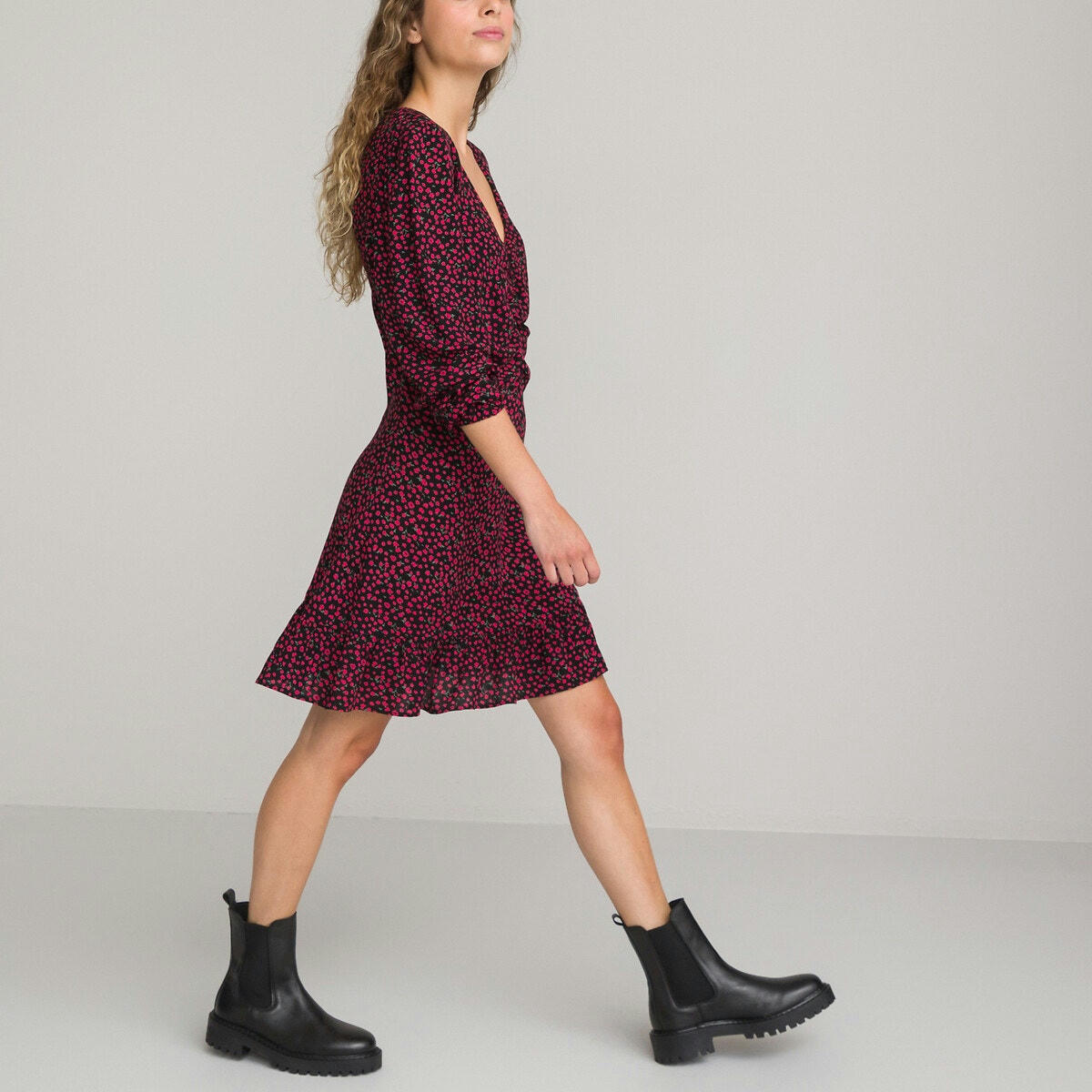 Robe manches longues fluide, motif floral