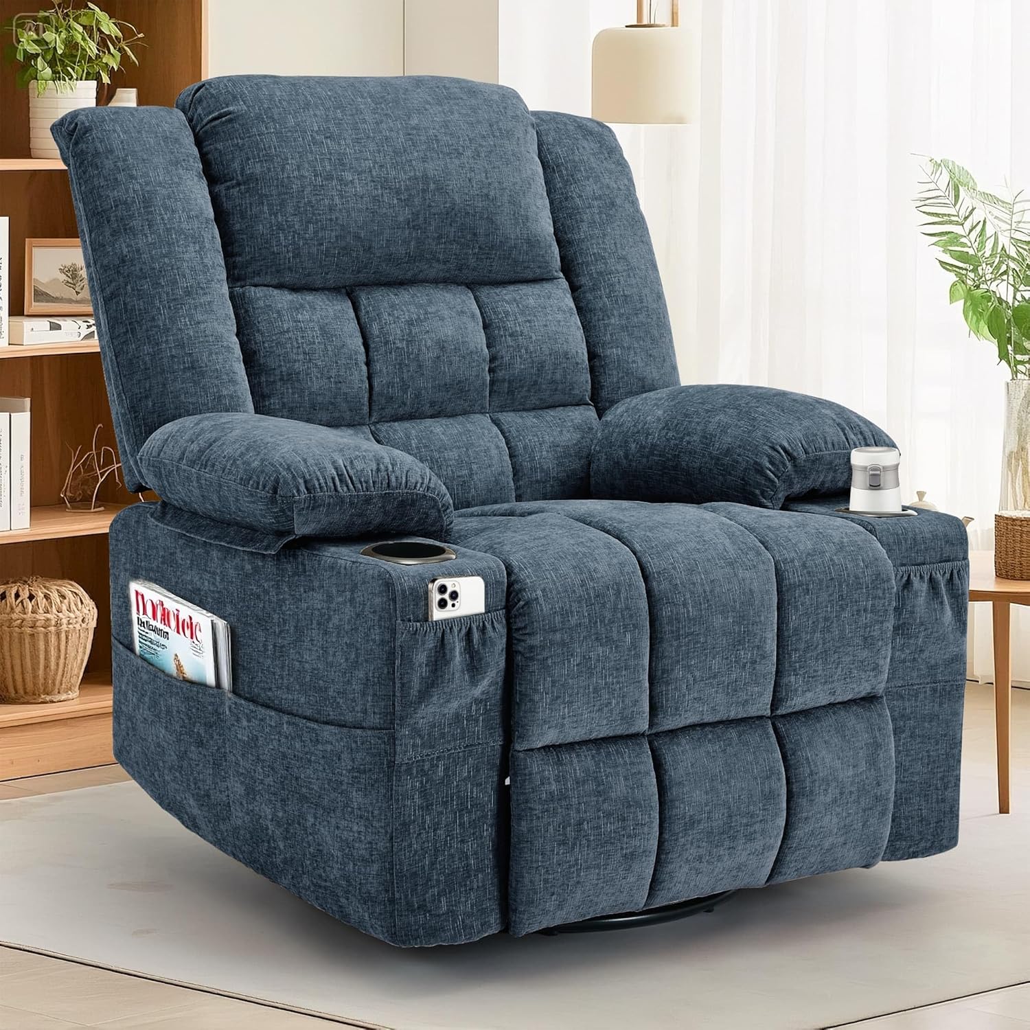 Korser 360° Swivel Rocker Recliner for Adults, Nursery Glider Recliner with Massage and Heating, Rocking Chair with Cup Holder, Manual Recliner Chair for Living Room, Bedroom (Fabric, Blue)