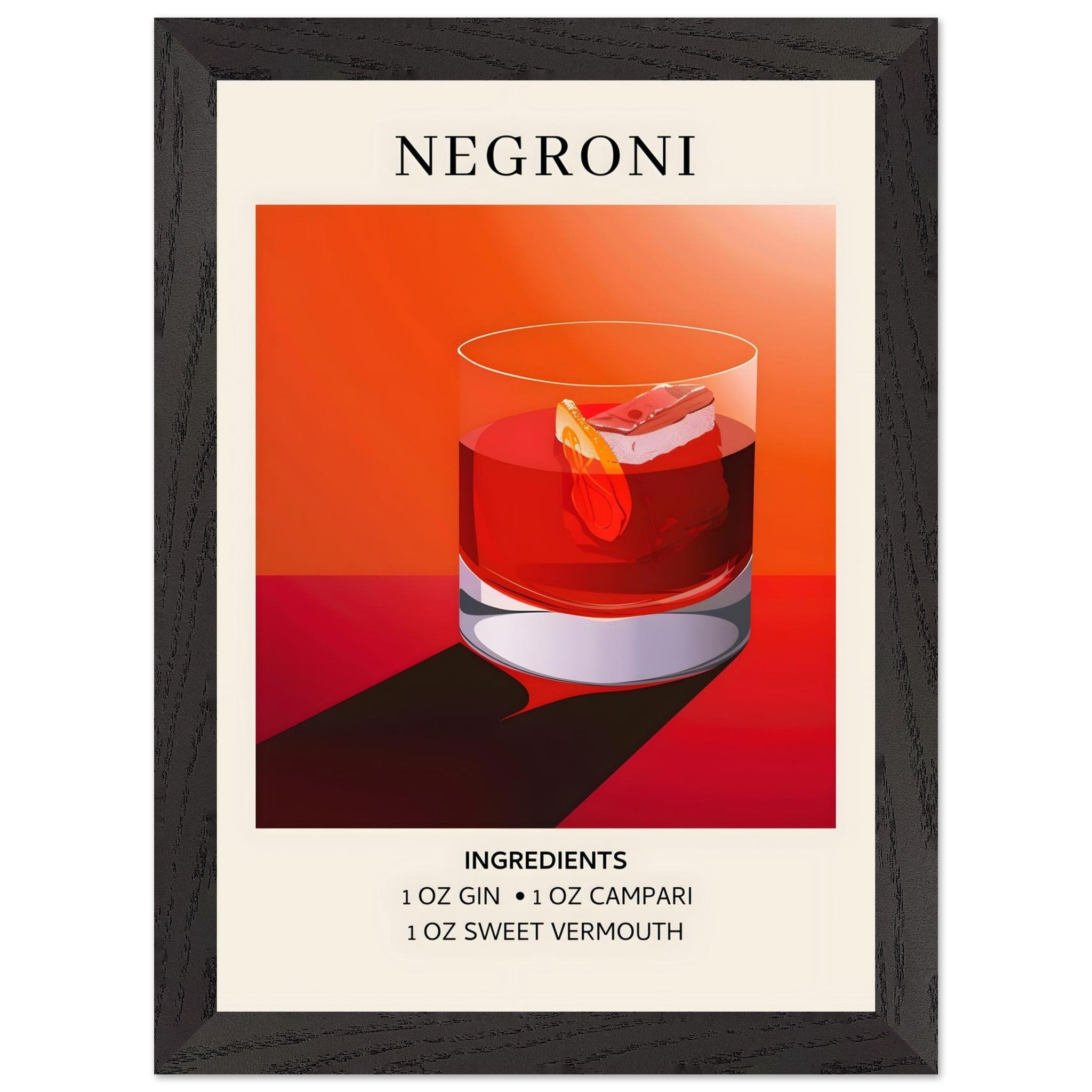 Artfulprints Poster met Lijst Negroni cocktail - Ingrediënten  - A4 21x29.7 cm - Rood