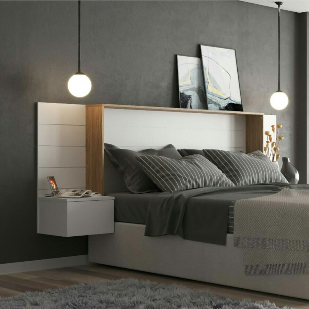 FARO - Tête de lit avec chevets 160 cm effet bois blanc et bois