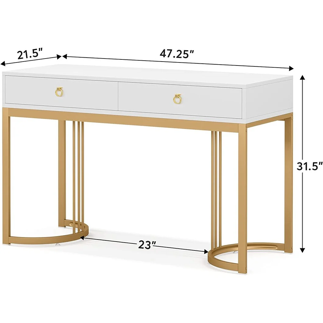 Computer desk Writing Desk with 2 Drawers, 47 inch White and Gold Desk, Modern Simple Study Table, Gold Makeup Vanity Desk