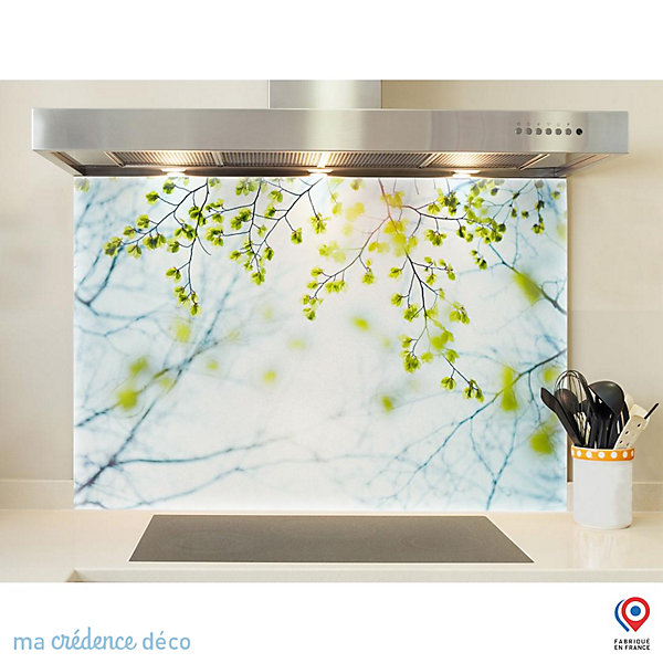 Crédence cuisine fond de hotte feuilles et lumière - Verre trempé - L 60 cm x H 45 cm - MaCrédenceDéco
