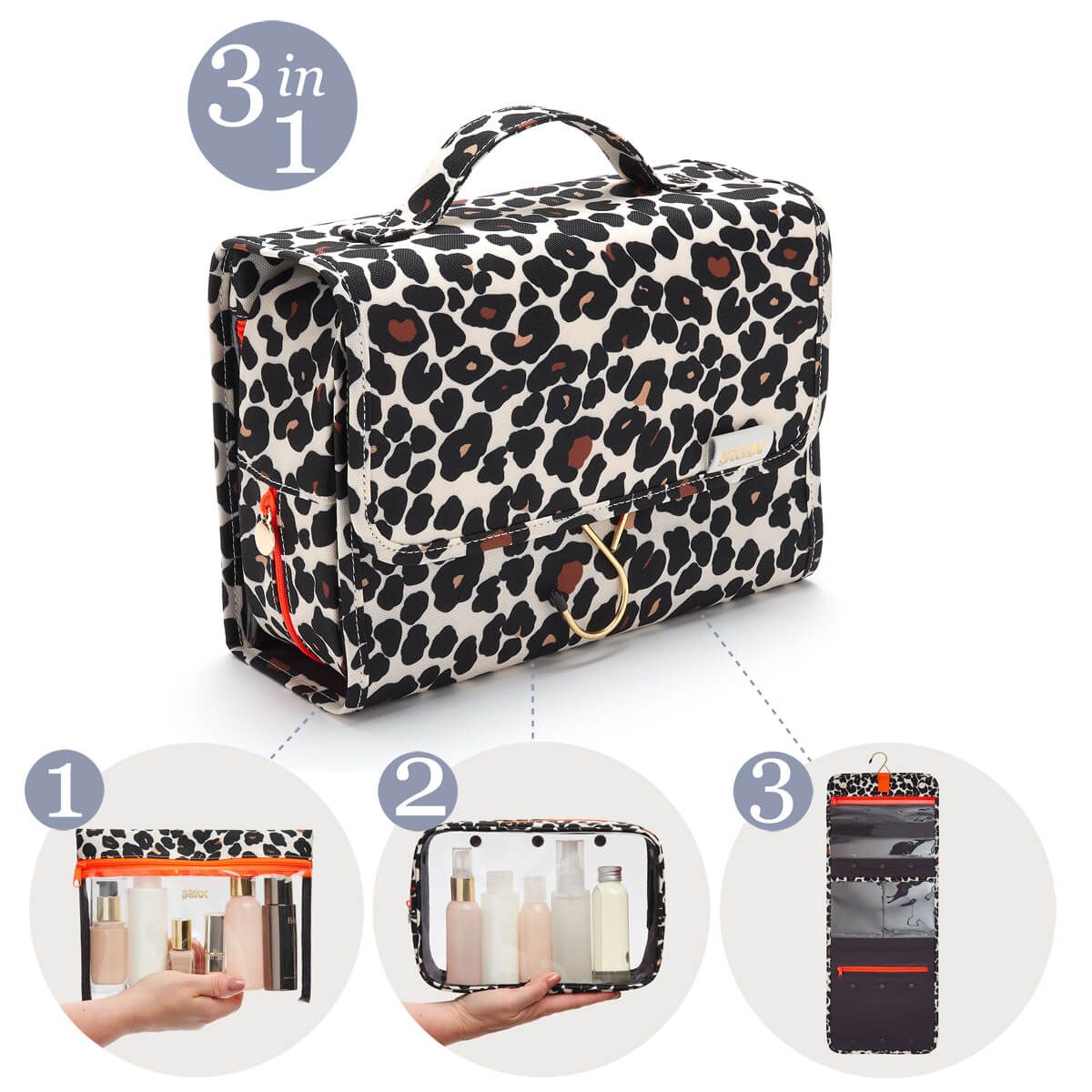 Victoria Green Emma' 3 in 1 Hanging Wash Bag in Leopard Tan