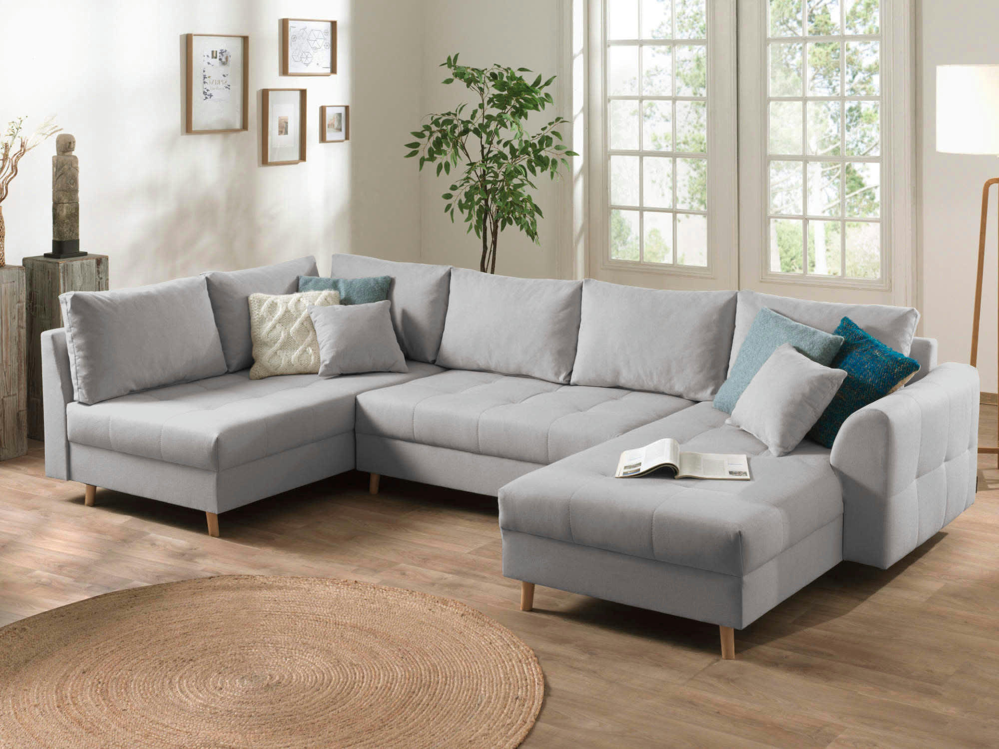 RUNE - Canapé panoramique 7 places angle gauche en tissu gris clair