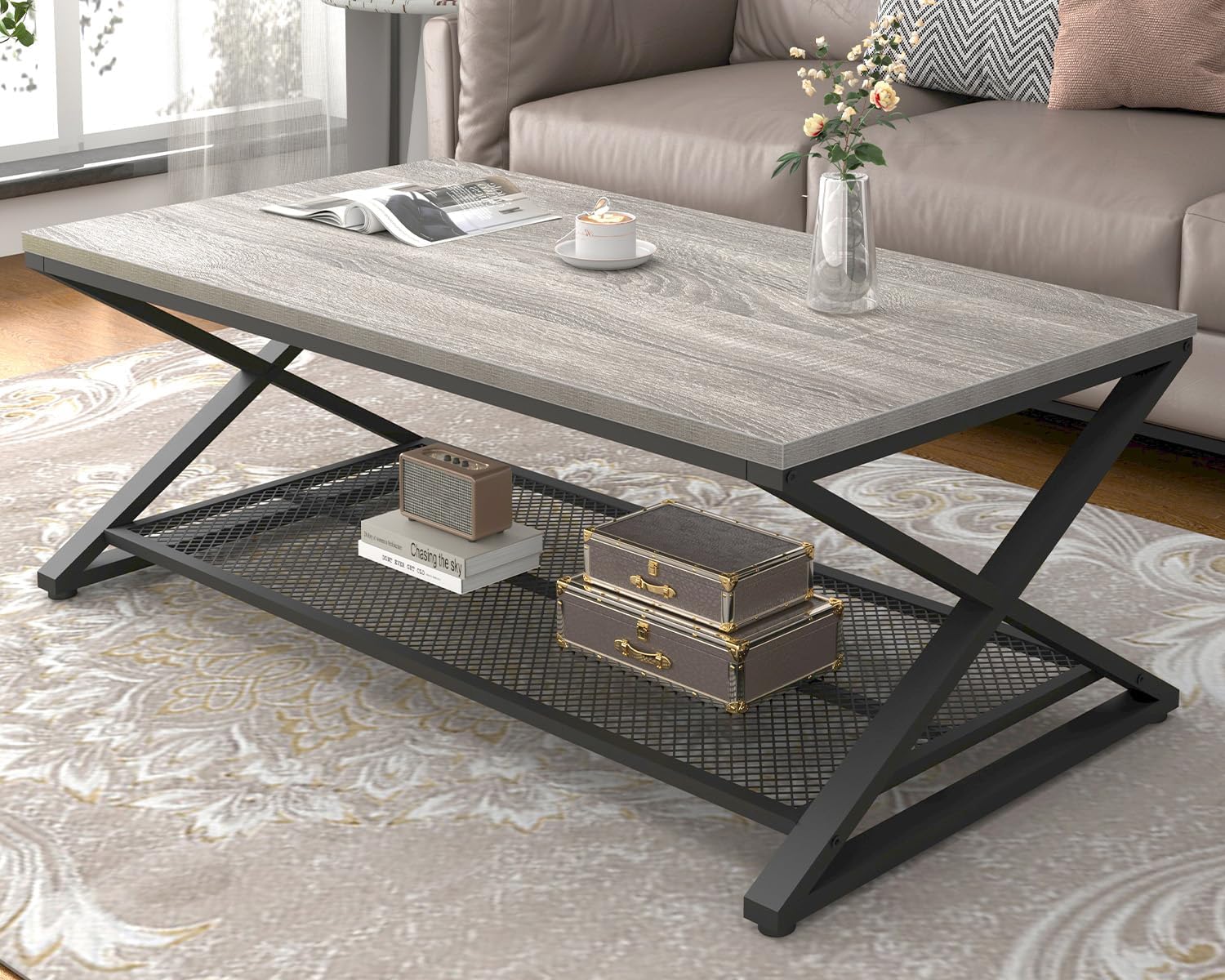 LVB Gray Coffee Table, Farmhouse Wood Metal Center Table with Storage for Living Room, Industrial Wooden 2 Tier Rectangle Cocktail Tea Table with Mesh Shelf for Office Bedroom, 47 inch, Light Grey Oak