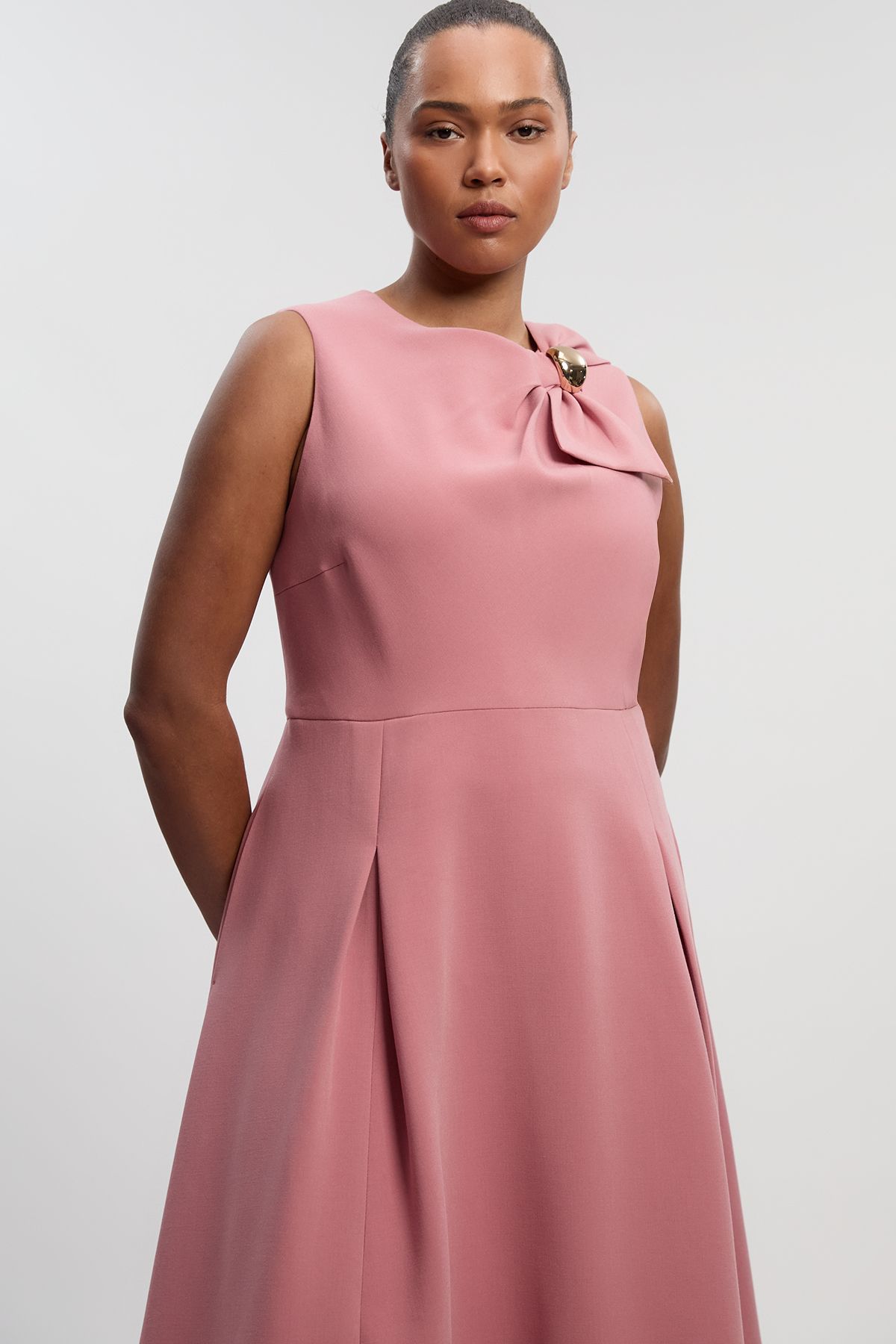 KarenMillen Plus Size Compact Stretch Bow Tie Neck Trim Detail Tailored Full Midi Dress
