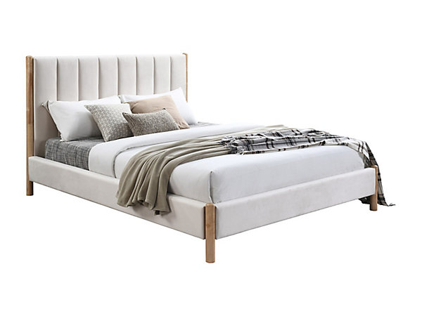 Lit 180 x 200 cm avec tête de lit coutures verticales - Velours - Ivoire   Matelas - SIZAMA