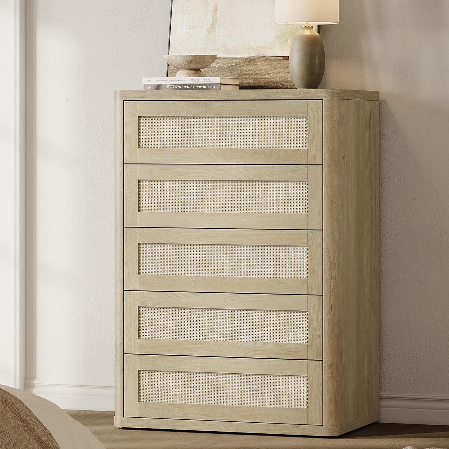 SICOTAS Tall Dresser for Bedroom - Rattan 5 Drawer Dressers Chest of Drawers with Push-to-Open Design, Boho Extra Deep Clothes Dresser with Large Storage for Closet, Living Room, Sand Oak