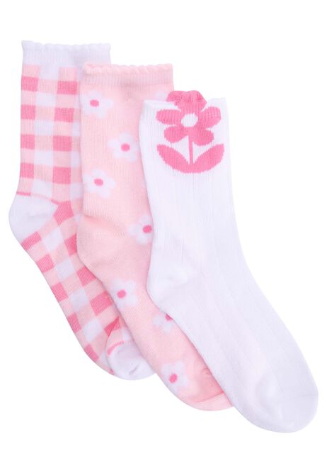 Girls 3pk Pink Flower Gingham Ankle Socks