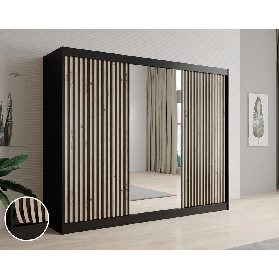 Meubella - Kledingkast Lisbon 2 - Zwart - 250 cm - Met spiegel