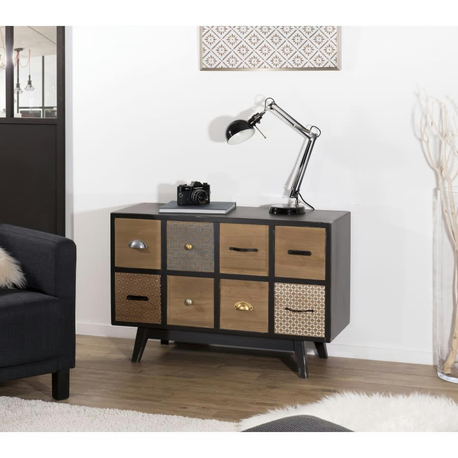 ROMAIN - Commode noire 8 tiroirs motifs pin marron