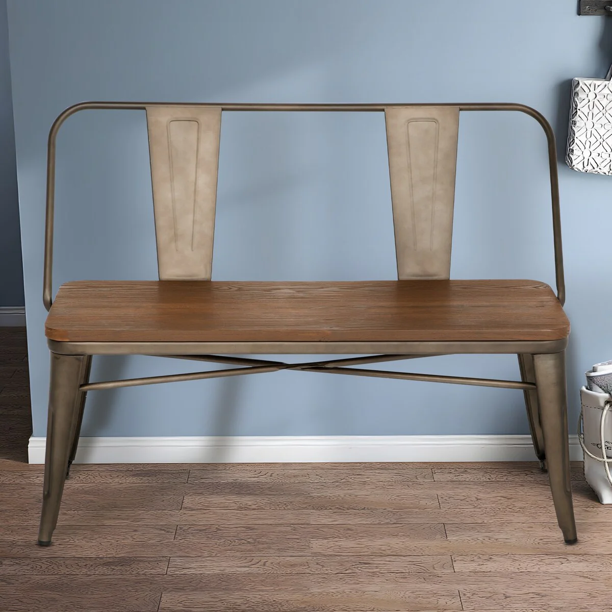 EROMMY Farmhouse-Style Dining Bench with Backrest, Industrial Metal Entryway Bench with Wooden Seat, Seats 3,Brown - 42''