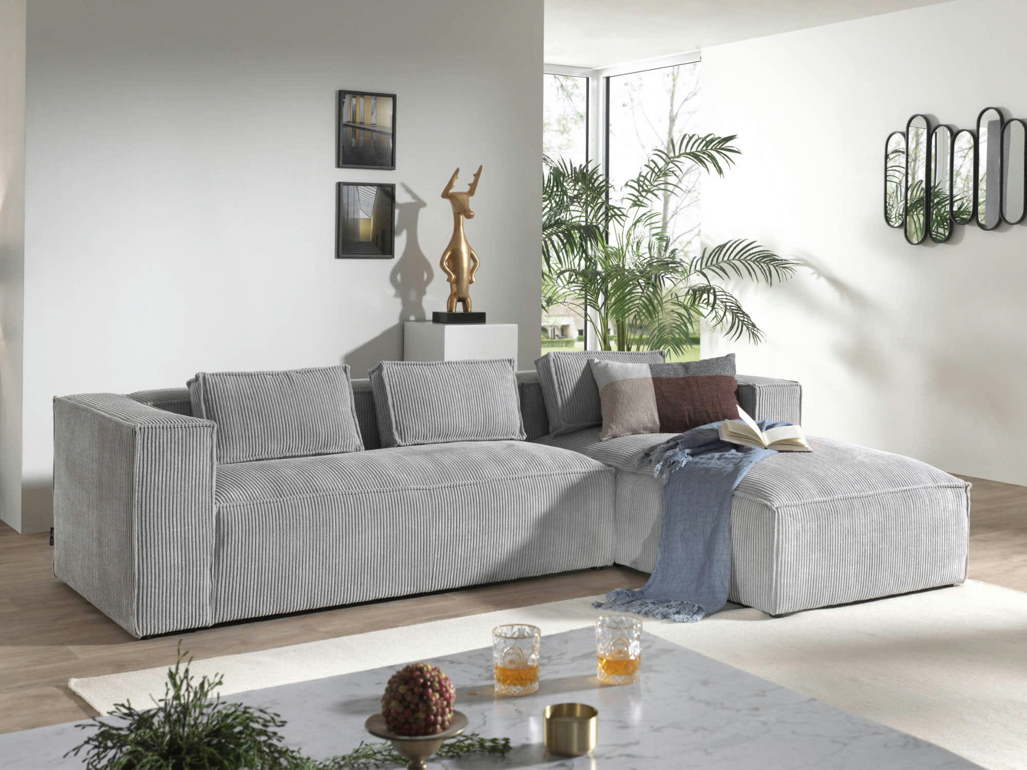 STELLA - Canapé d'angle droit 4 places en velours côtelé gris clair