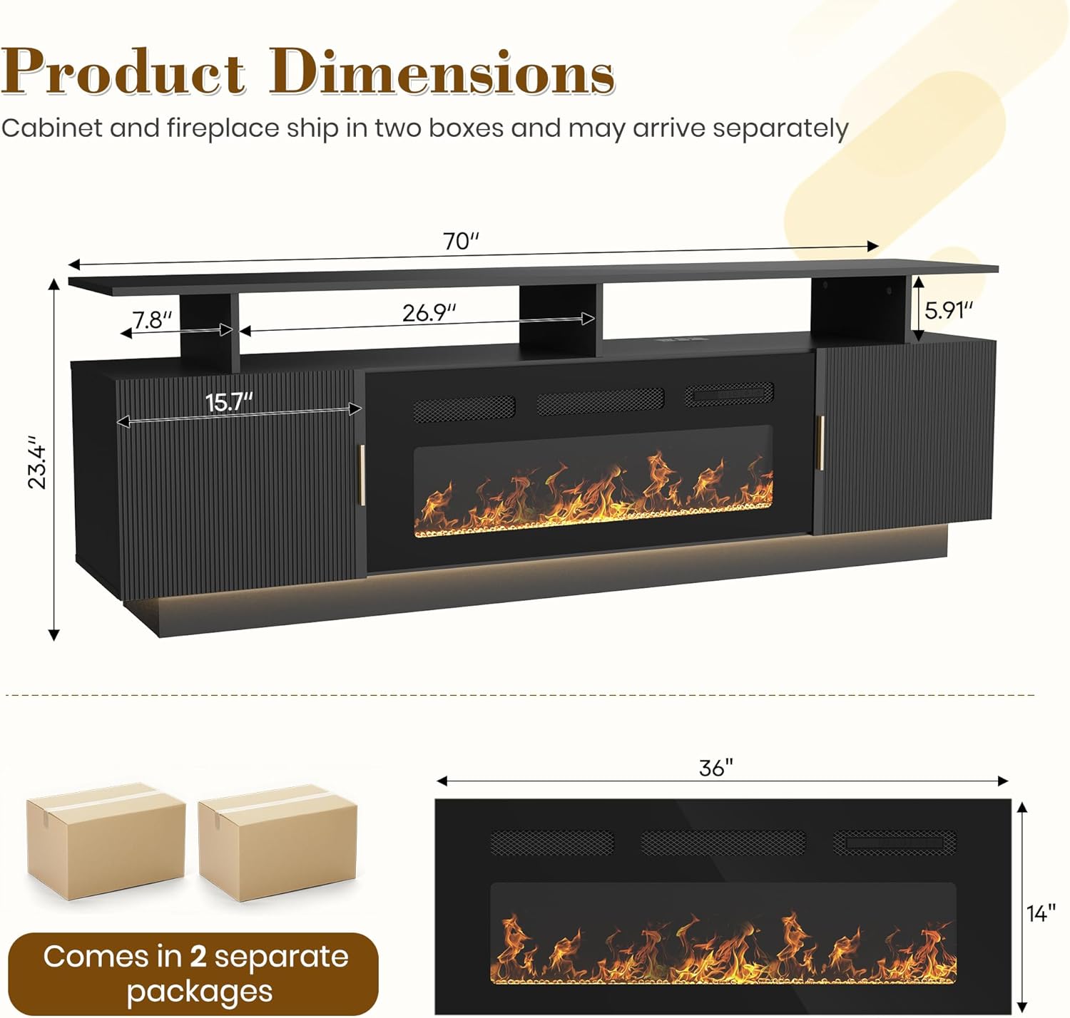 70” Fluted TV Stand with 36” Electric Fireplace, 2 Tier TV Console Cabinet with Storage Cabinet, LED Lights, Power Outlet, Modern Wood Entertainment Stand Fits TVs up to 80 for Living Room (Black)