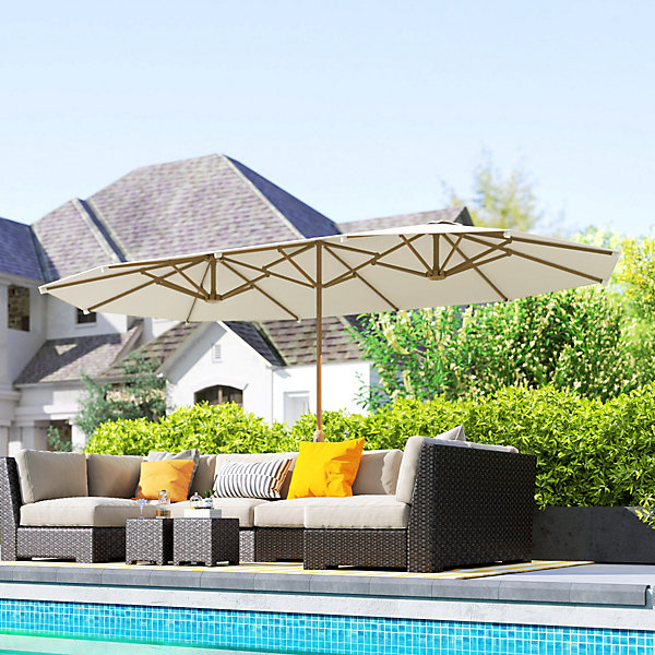 Parasol de jardin style exotique XXL dim. 455 x 265 cm ouverture fermeture manivelle acier effet bois tissu beige clair