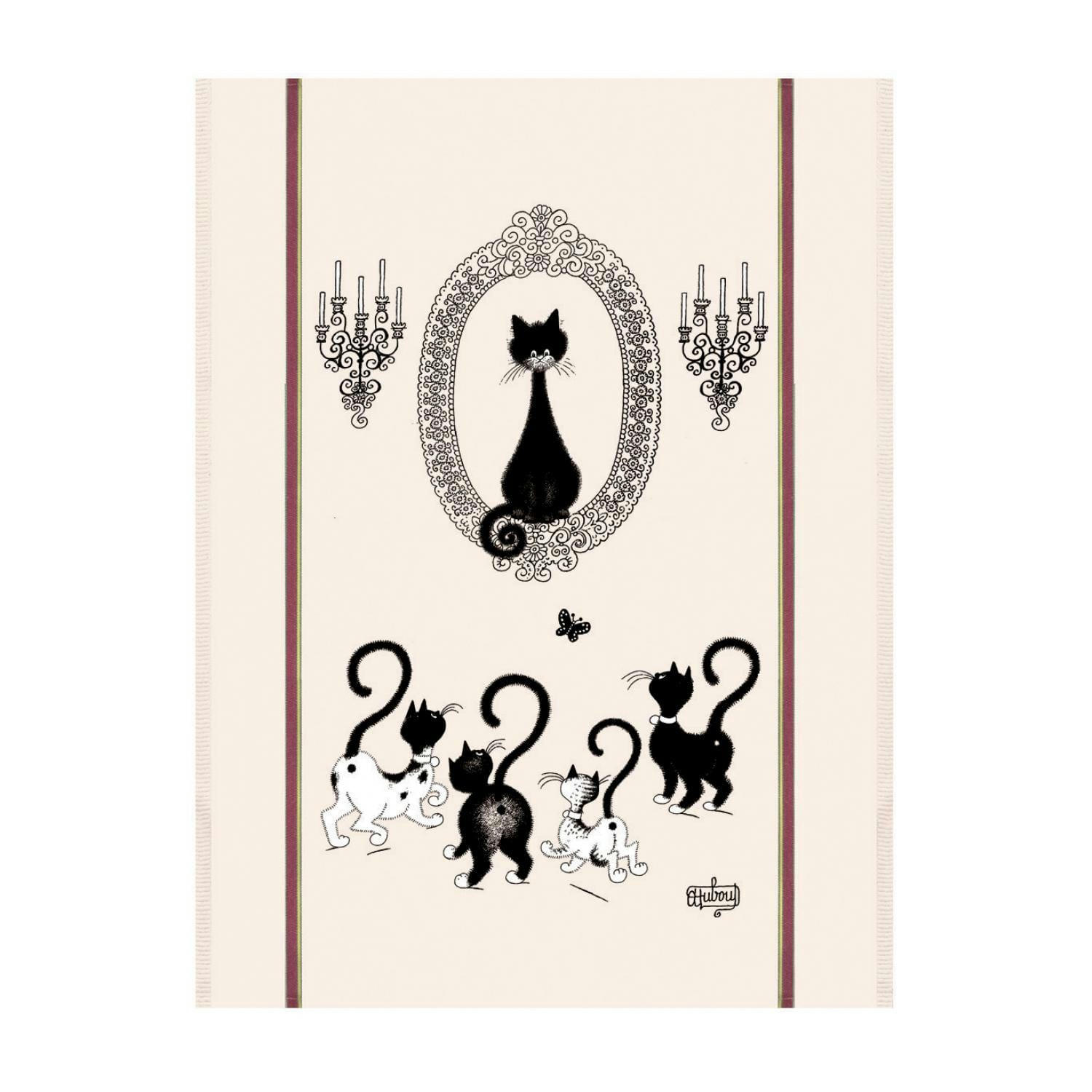 DUBOUT - Grand torchon  portrait de chat en coton ecru 60 x 80