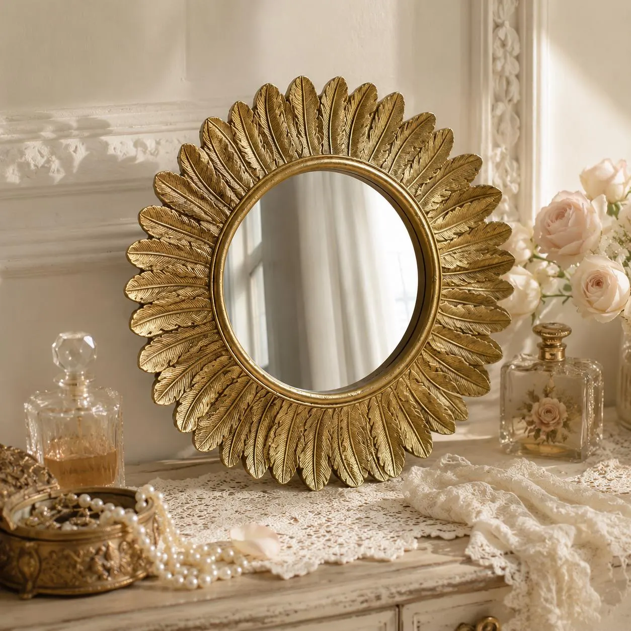 Vintage Gold Sunburst Mirror, Feather Wall Mirror, Antique Round Vanity Mirror, French Country Decor, Elegant Bedroom & Entryway Wall Decor