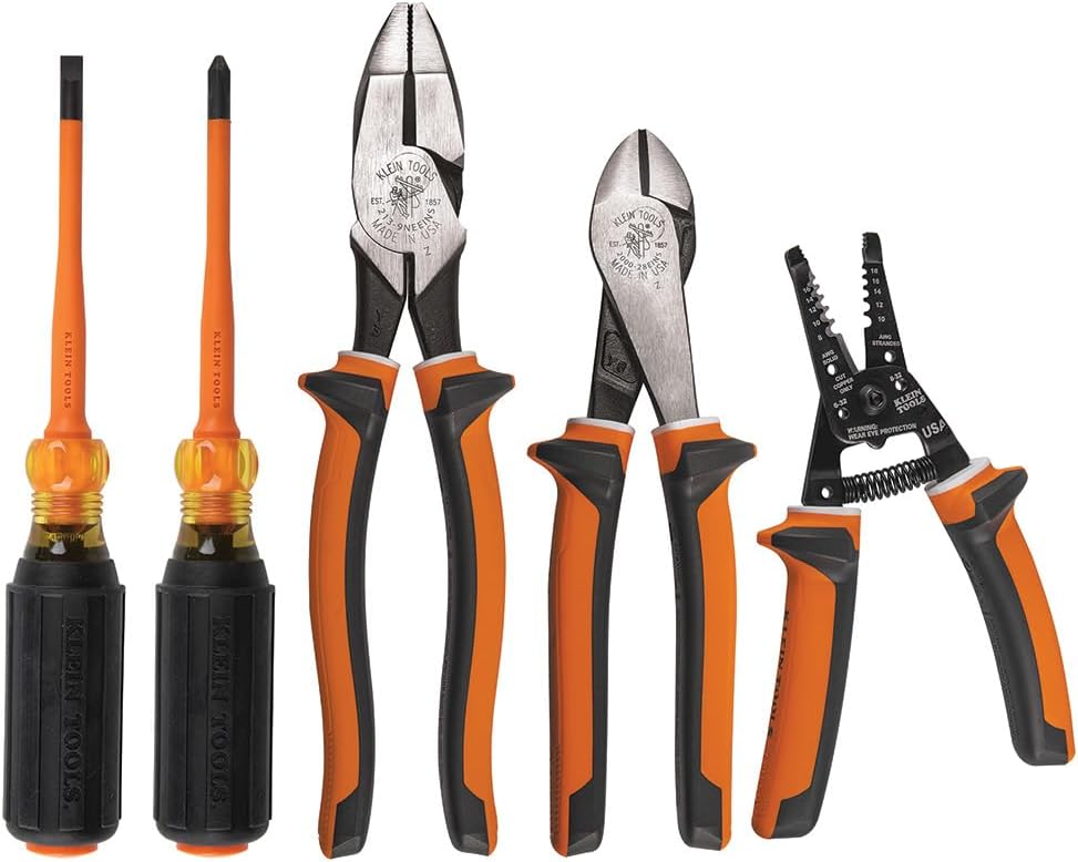 Klein Tools 94130 1000V Insulated Screwdriver Tool Set, Made in USA, with #2 Phillips and 1/4-Inch Cabinet Slim Tips, 2 Insulated Pliers and Wire Stripper