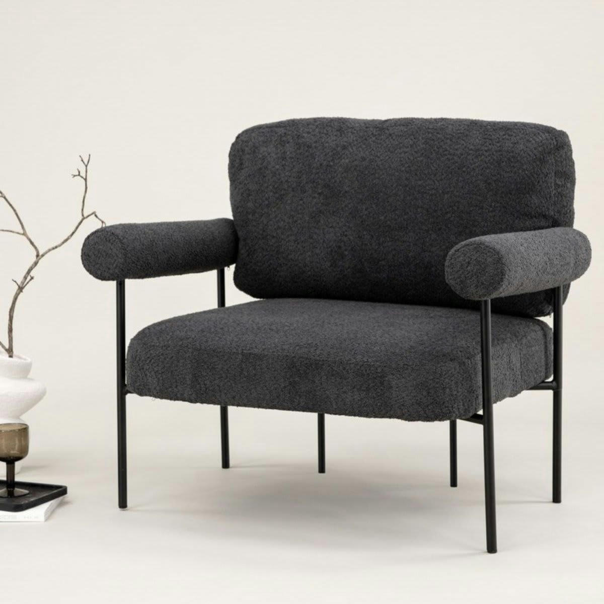 HUGUES - Fauteuil en tissu gris foncé bouclé