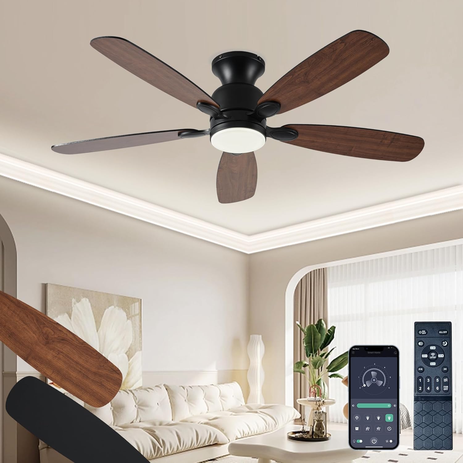 NKPU 52inch Low Profile Ceiling Fan with Light and Remote/APP Control,Reversible DC Motor,Noiseless,Dimmable,Modern Flush Mount Ceiling Fan for Bedroom,Indoor/Outdoor Use(Brown)
