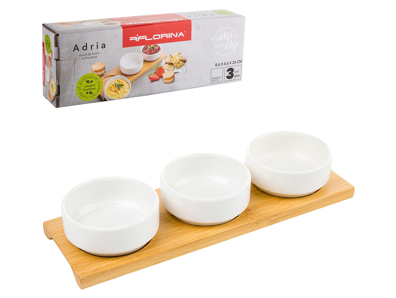 Miseczki na bambusowej podstawce Adria porcelanowe 3 szt. białe