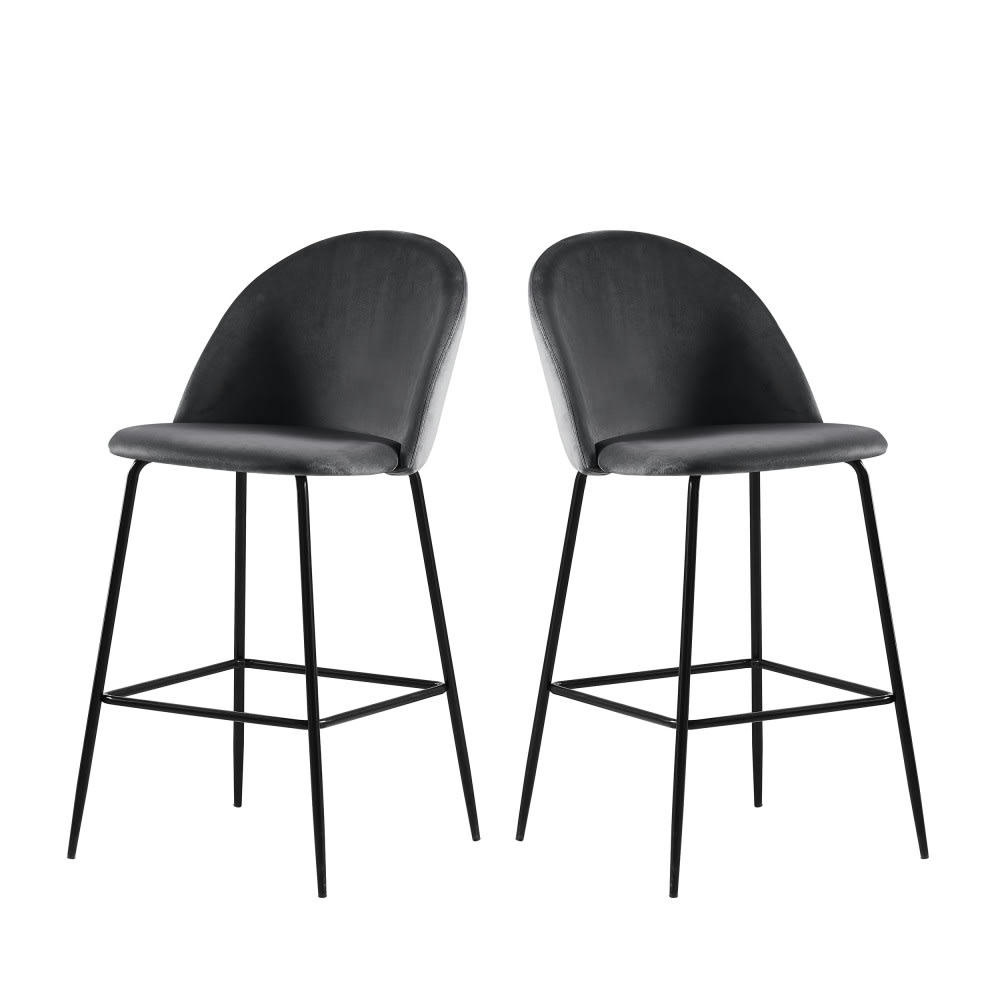 VITIKKO - Lot de 2 fauteuils de bar 65cm en velours et pieds noirs gris