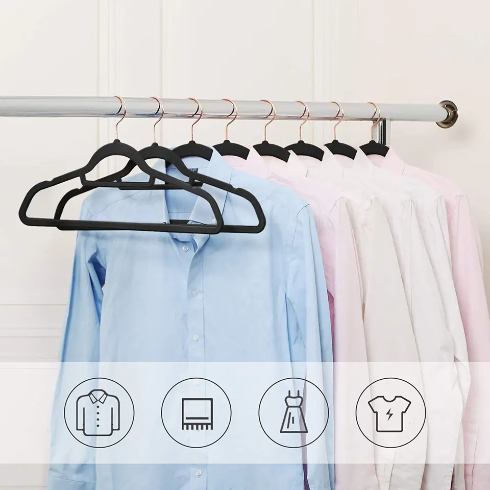 Fluwelen Kleerhanger, 50 stuks, Anti-slip, 45 cm lang, Zwart en Ros&eacute; Goud