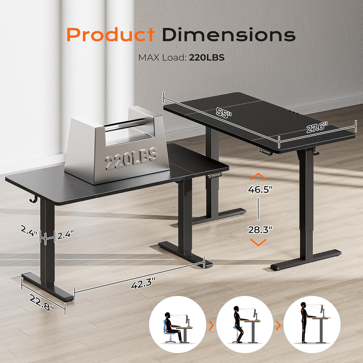 Huuger 55 x 28 Large Electric Standing Desk, Height Adjustable Computer Desk, 27.6 Deep Desktop, Stand up Gaming Office Table with 2 Hooks, 3 Preset Heights, for Home Office, Black