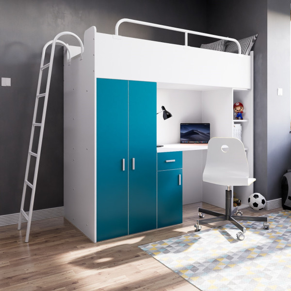 Łóżko piętrowe JSM4 80×190 z szafą i biurkiem matowe drabinka– turkusowe