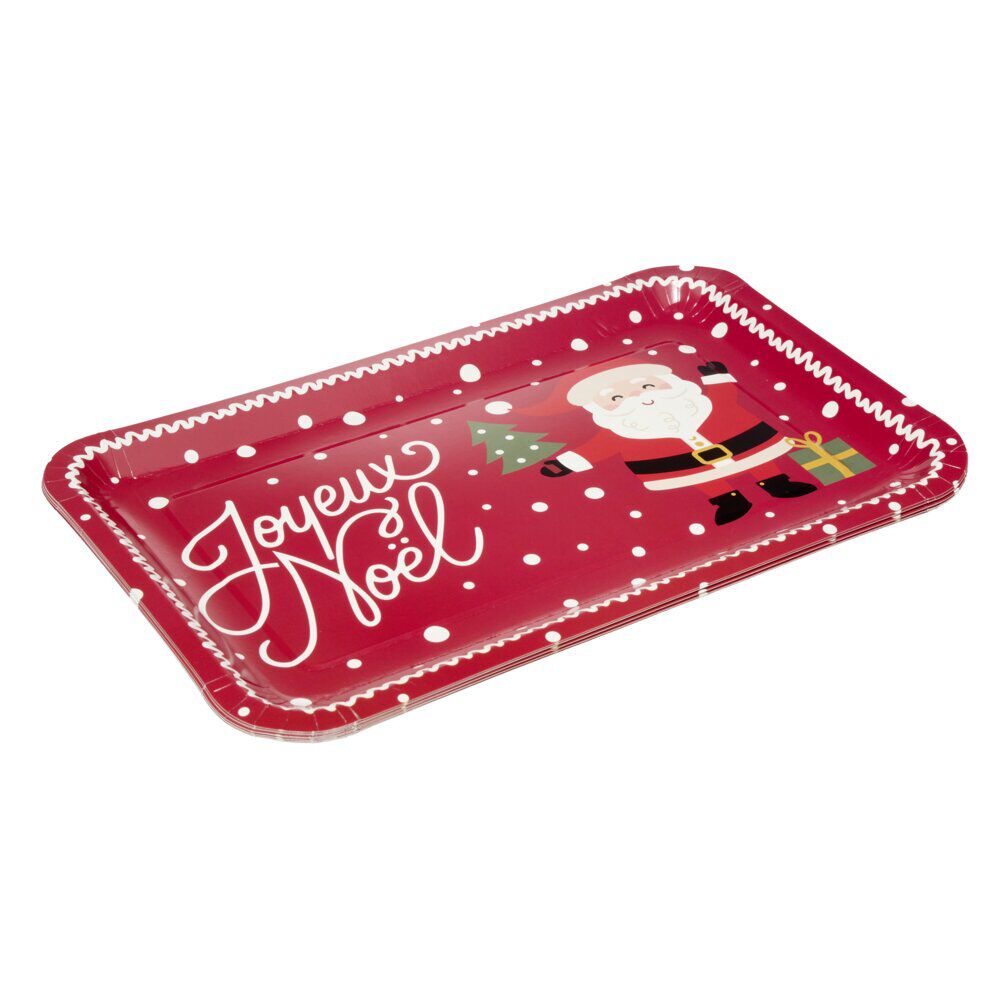 Plateau rectangulaire inscription Joyeux No&euml;l et Père No&euml;l L30X19XH1,5 cm papier rouge