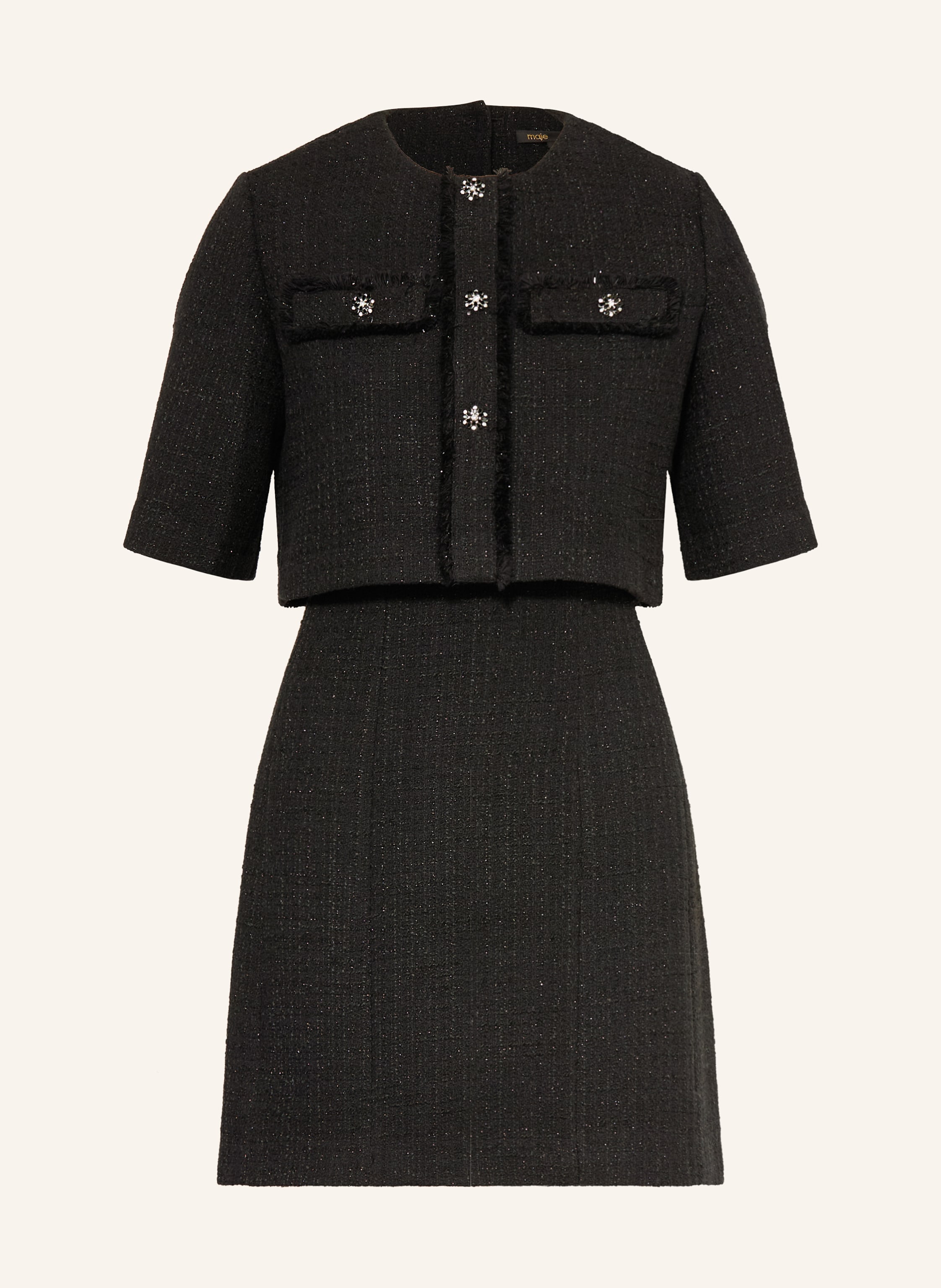 maje Set: Tweed-Kleid und Tweed-Jacke mit Glitzergarn und Schmucksteinen