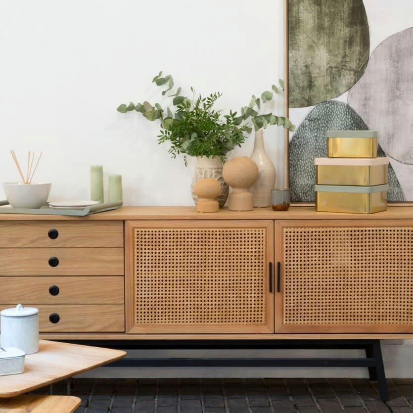 LALALA - Buffet enfilade en chêne massif, cannage et métal