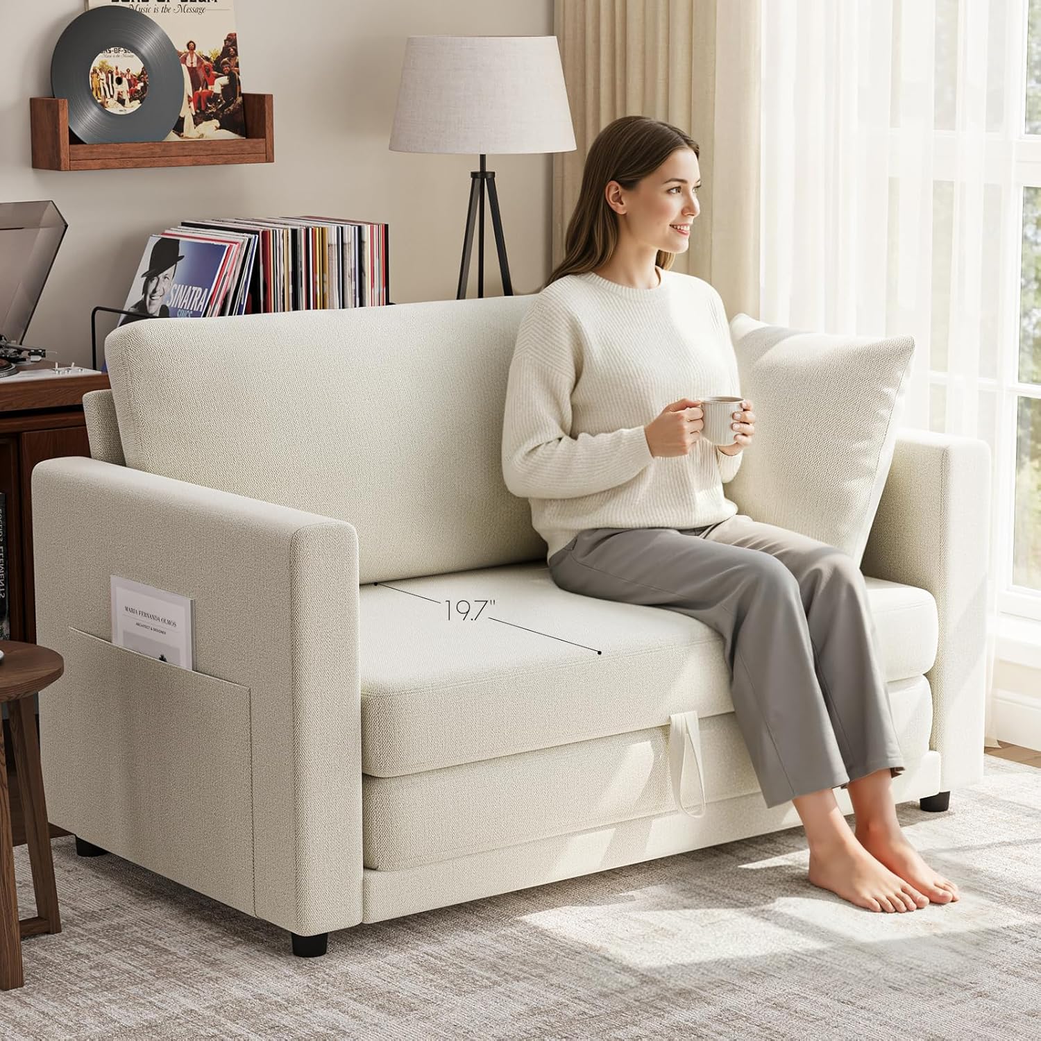 Convertible Sofa Bed, 2 in 1 Pull Out Loveseat Sleeper Sofa | 78.7” Folding Floor Sofa Bed for Guest Room, Bedroom | Ivory White