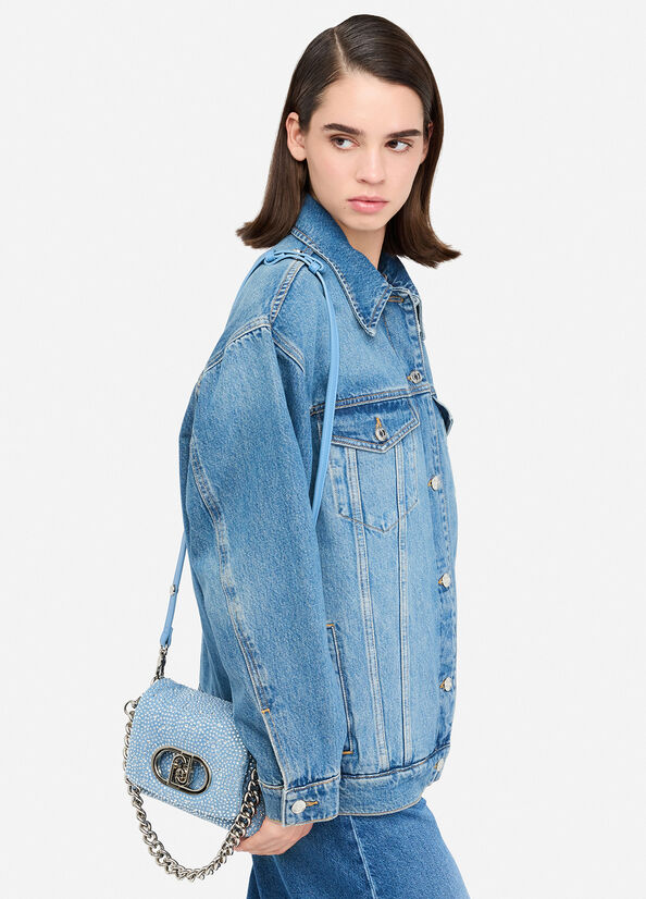 Borsa LaPuffy piccola in denim con strass