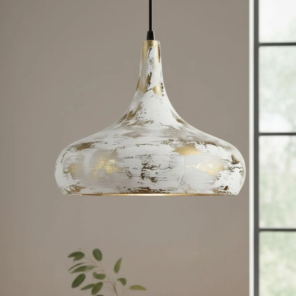 Vintage White Brass Pendant Light, Rustic Gold Hanging Lamp, Handmade Kitchen Island Fixture, Distressed Brass Lighting
