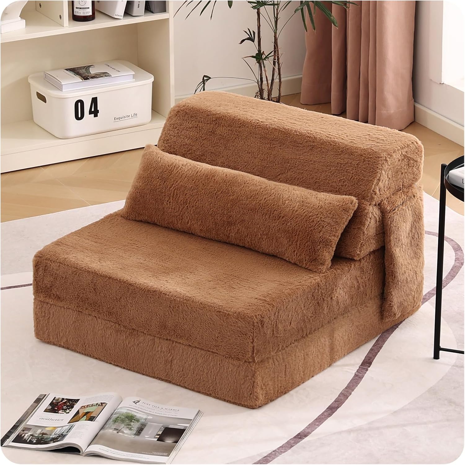 Tiita Convertible Folding Sofa Bed Single Size for Adults with Pillow, Plush Fabric Floor Mattress Couch Bed, Washable Cover & Side Pocket, Guest Room, Dorm, Apartment, Living Room, Brown
