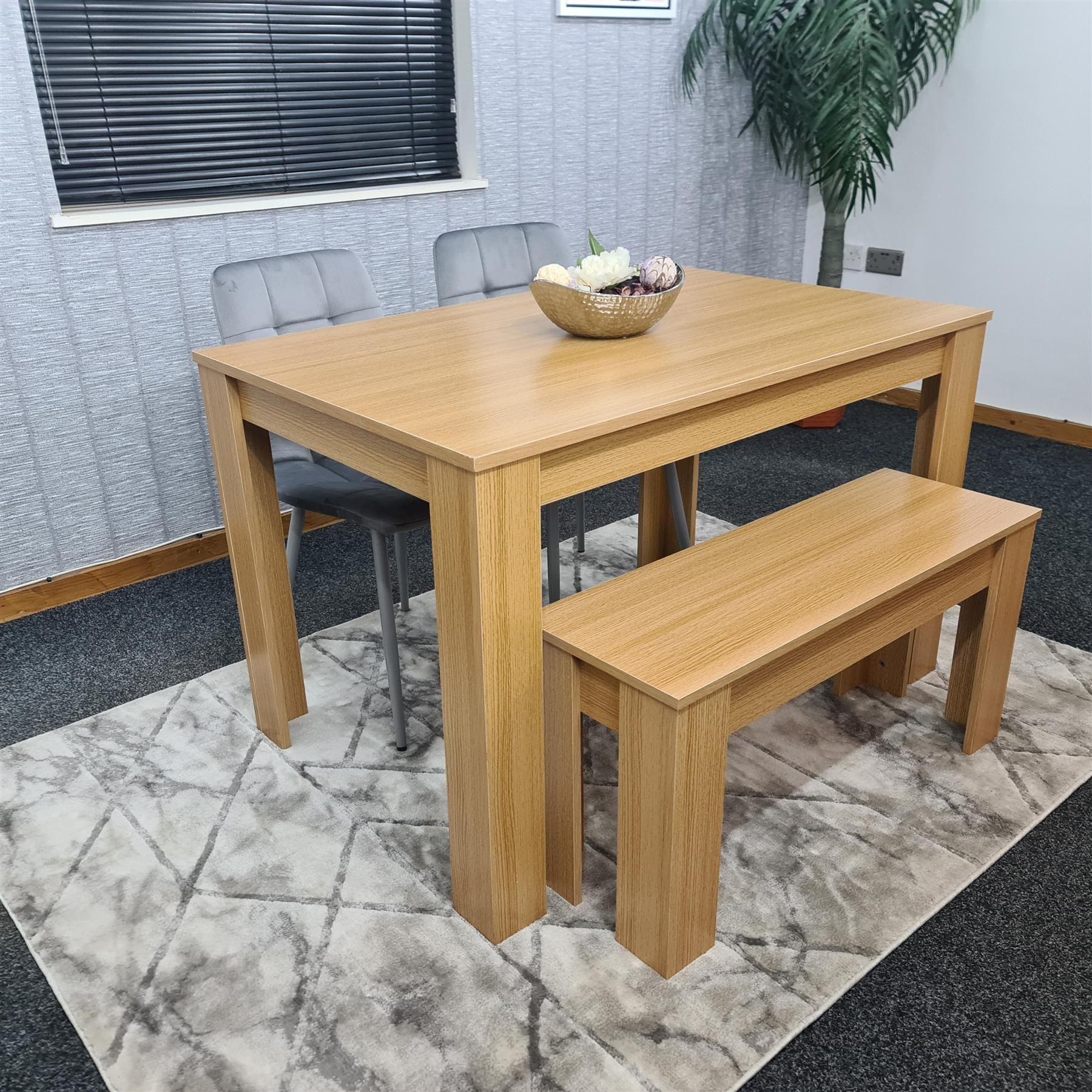 KOSY KOALA 4 Modern Seater Light Wood Dining Table Set 2 Grey Velvet Chairs Bench