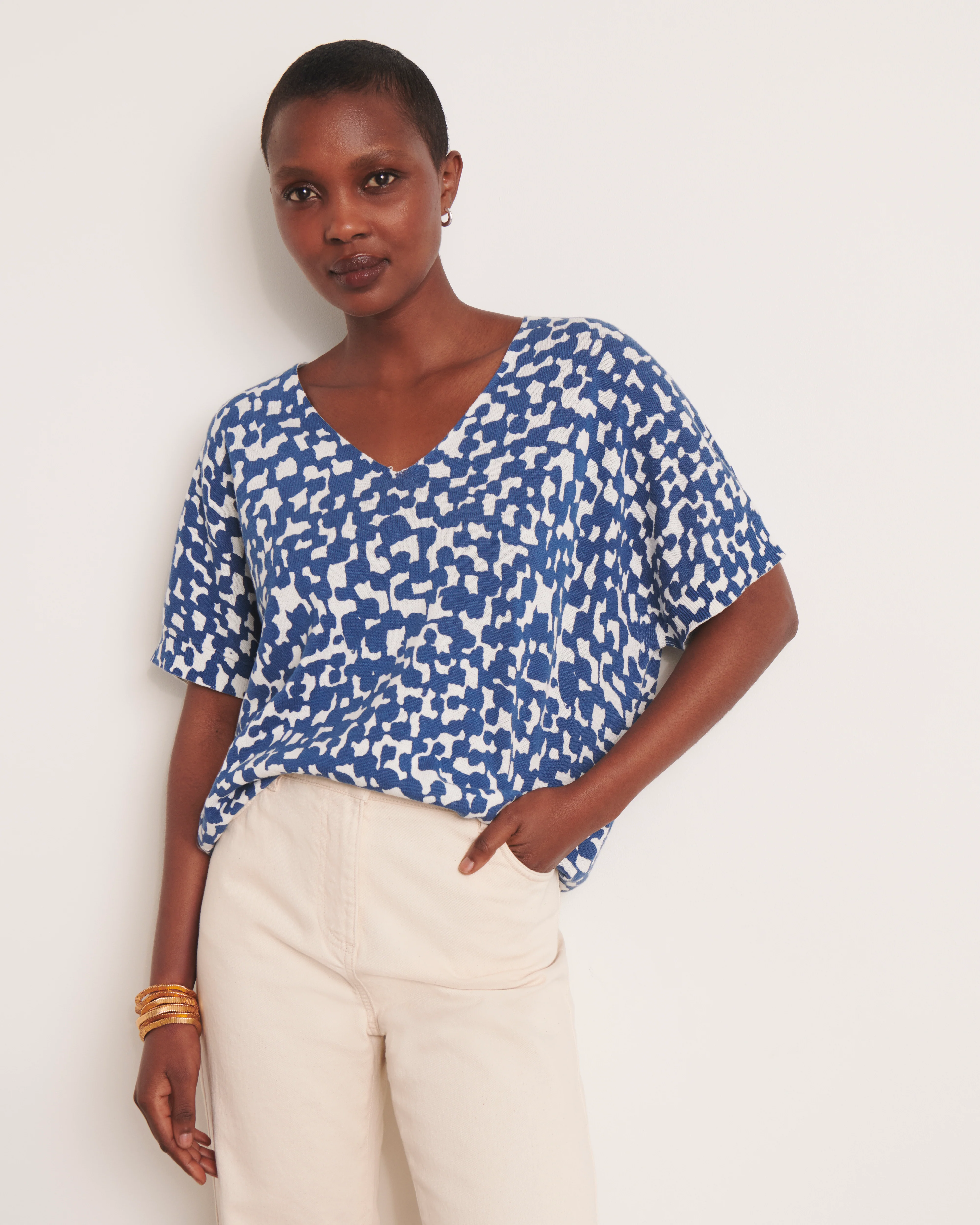 Pull kimono bleu en maille imprimée ALISMA-NEW/13137/881