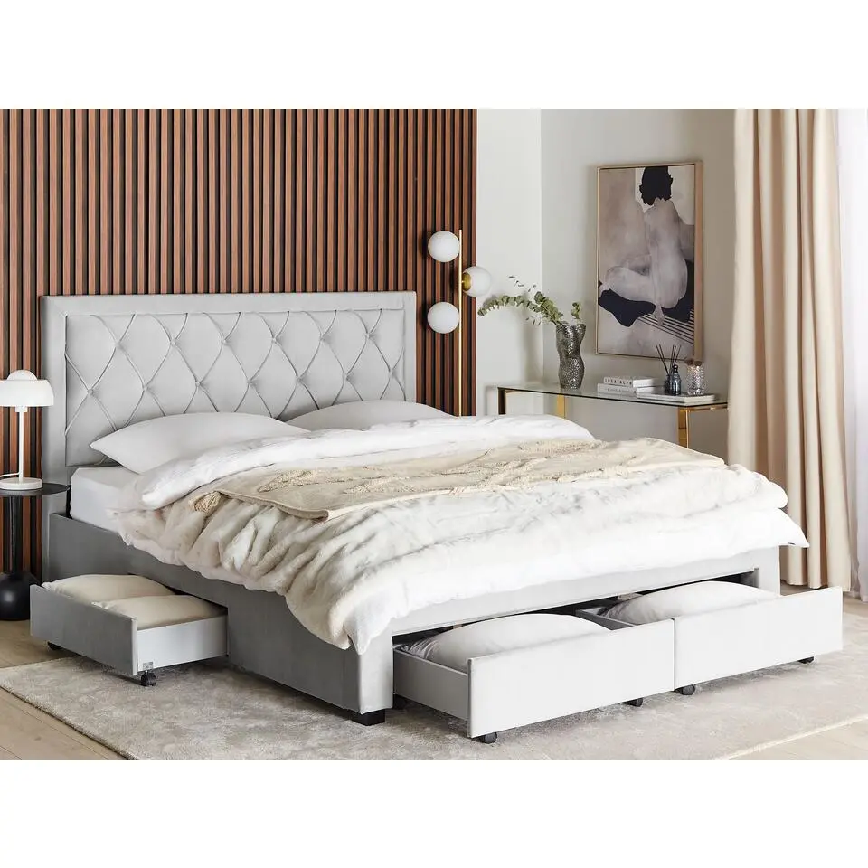 LIEVIN - Bed met opbergruimte - Grijs - 180 x 200 cm - Fluweel