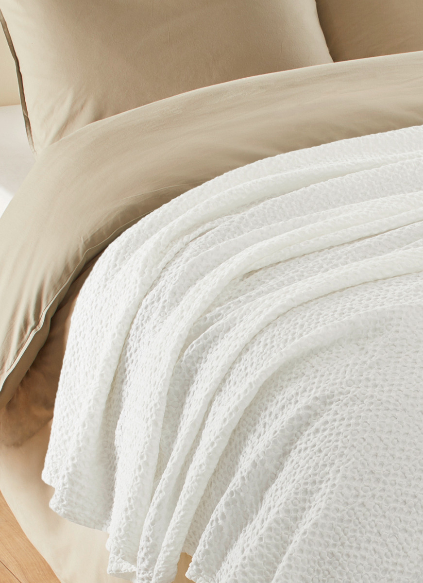 JETÉ DE LIT EN COTON LAVÉ NID D'ABEILLEBLANC