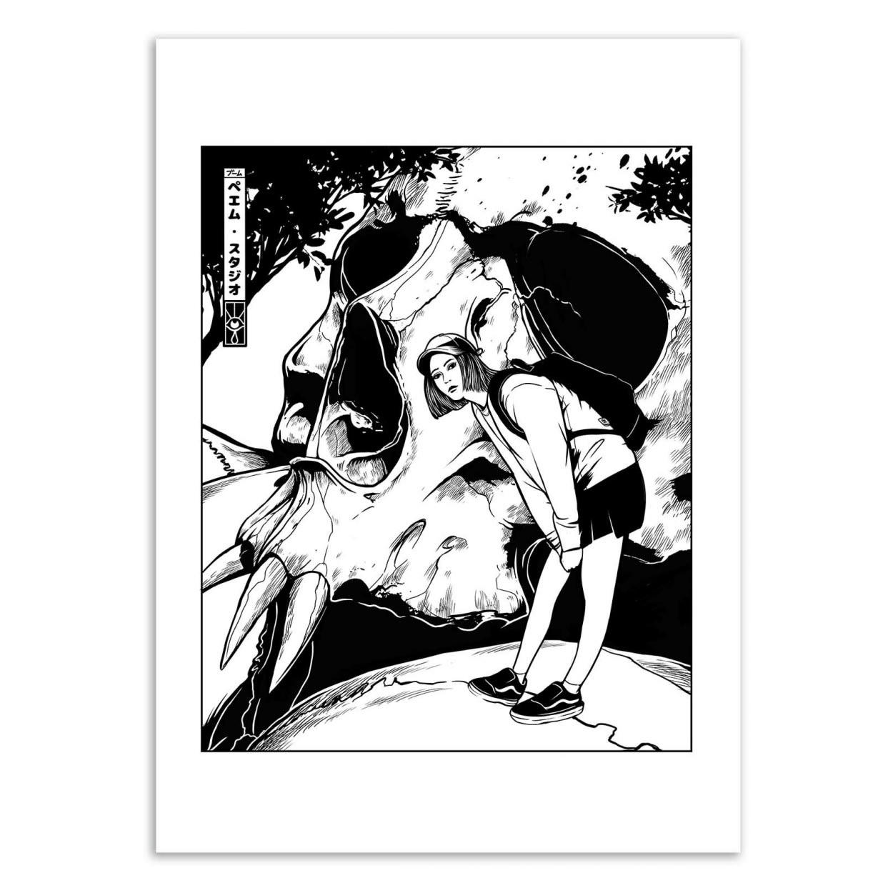 PAIHEME STUDIO - SKULL GIRL - Affiche d'art avec Cadre bois noir - 50 x 70 cm