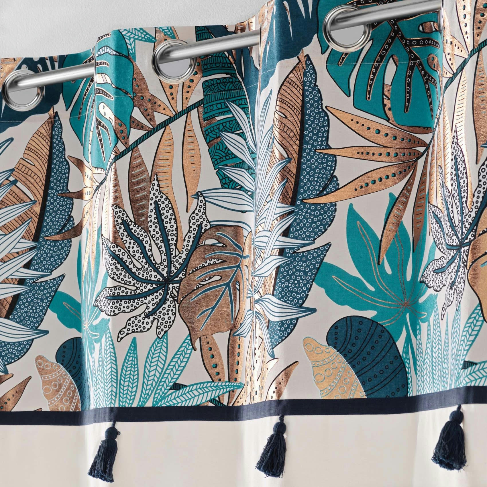 ALIANOR - Rideau uni top métallisé pompons blanc coton 140x240cm