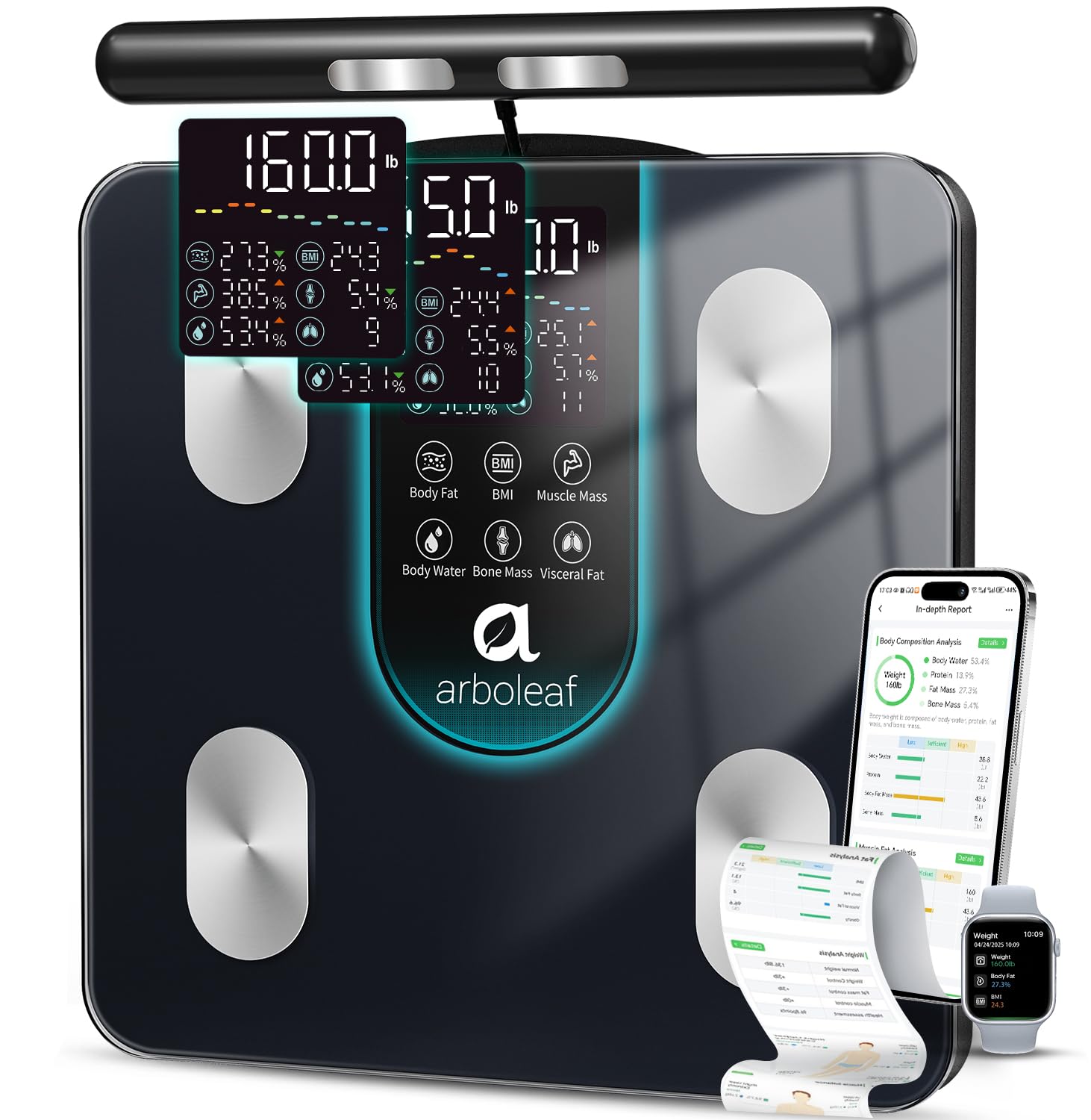 Arboleaf Smart Scale for Body Weight, 8-Electrode Dual-Frequency BIA Digital Bathroom Scale, 7-in-1 Display for BMI, Body Fat & Muscle Mass, 50+ Metrics in App, Body Composition Analyzer